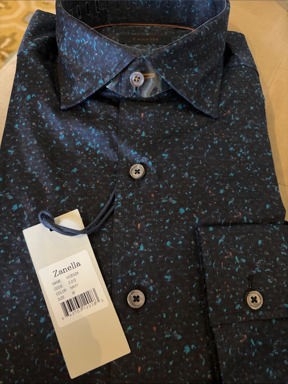 Zanella Dark Navy Casual Dress Shirt with Teal Fleck Print